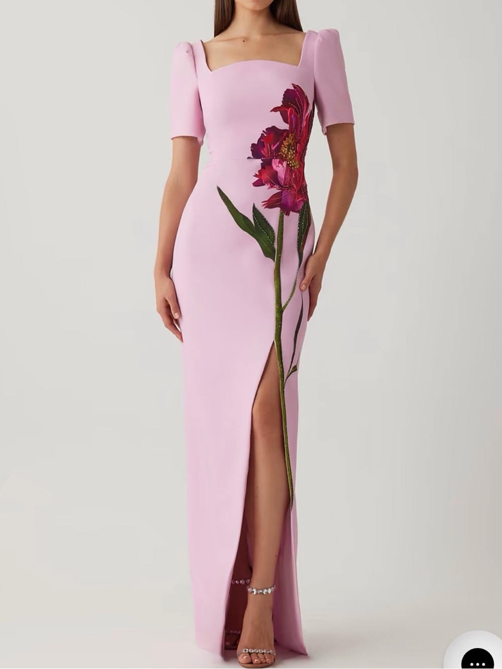 Teri Jon NWT $910 Beaded Digital Floral Pink Crepe Column Gown Dress Size 6